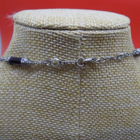 Art Deco Style Black Bead Necklace Silver-tone Clear Stone Station 2 Row Layered - Picture 9 of 10